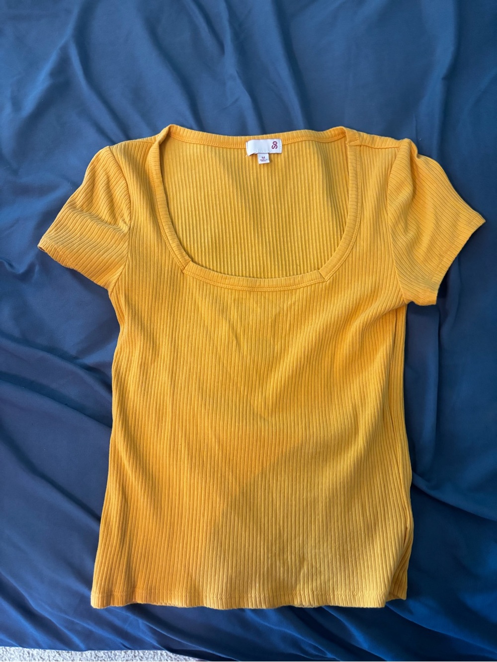 SO Yellow Ribbed Scoop Neck Short Sleeve Top
